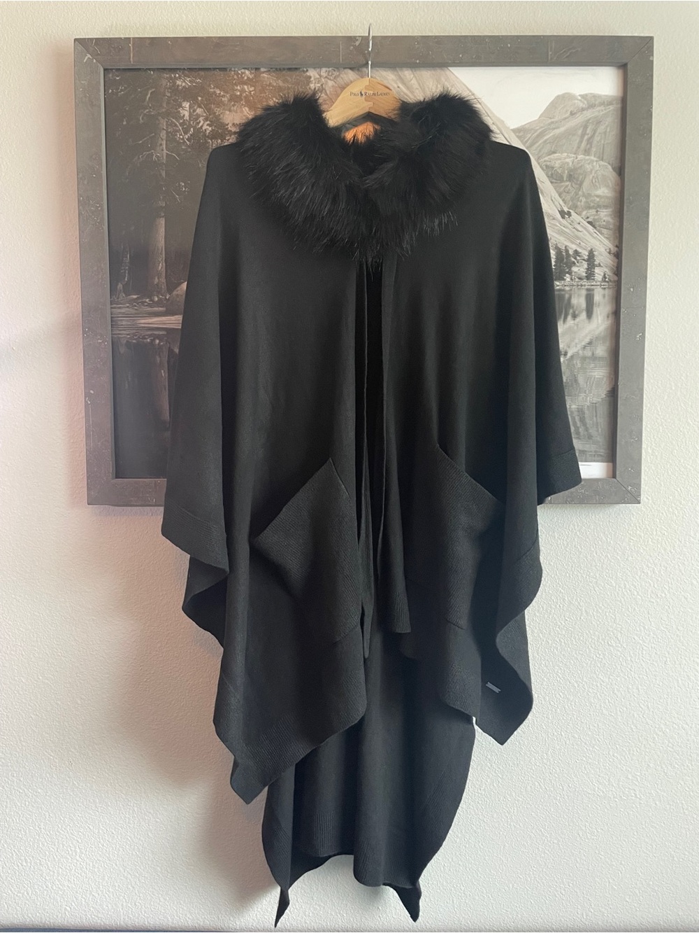 Lauren Ralph Lauren Black Faux Fur Trim Cape Coat